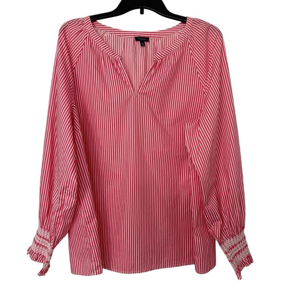 Talbots Cotton Pink & White Butterfly Striped Raglan V Neck Popover Top XL